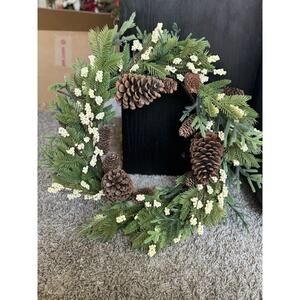 Wicker Park 15” Unlit Berry & Pinecone Wreath White Berries Holiday Decor